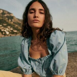 Sézane Kellia Light Denim Chambray Ruffle Embroidered Blouse - FR/34-US/2